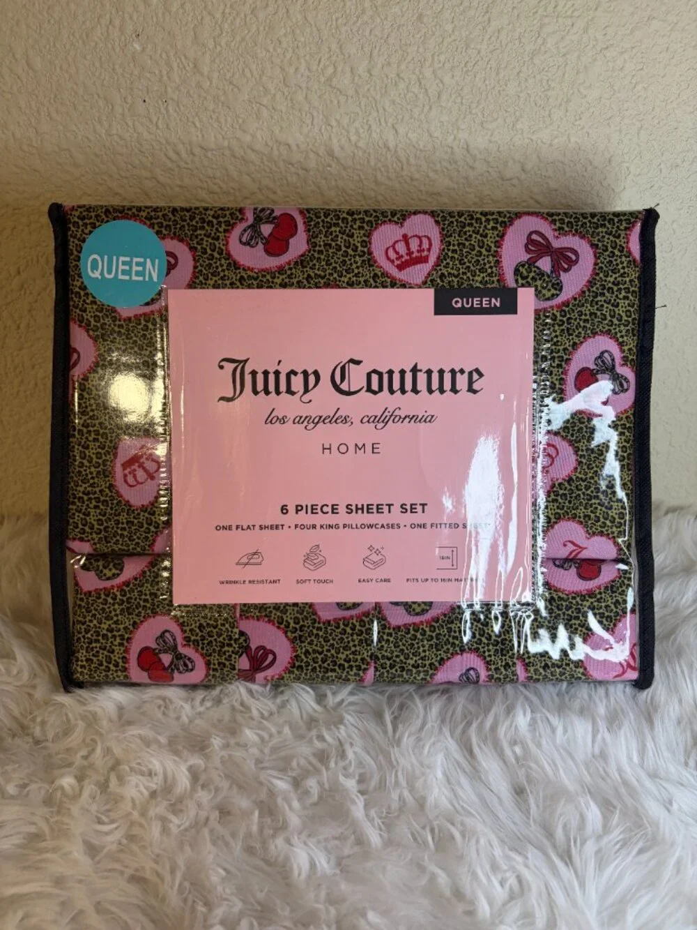 Juicy Couture Queen Hearts Leopard Queen Sheet Set 6 Pc Bedding NWT